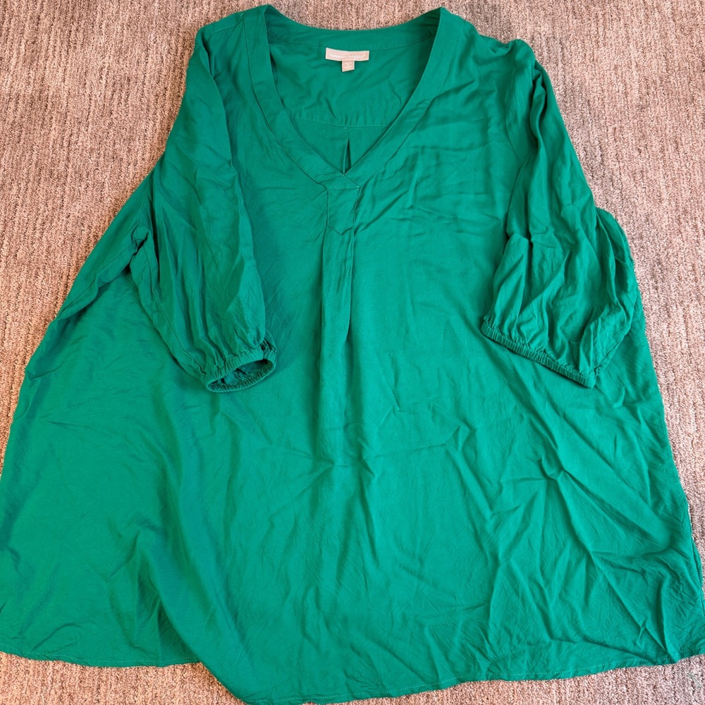 Woman Within Green V-Neck Pleated Front Tunic Top 3X 30/32 3/4 Sleeve Blouse